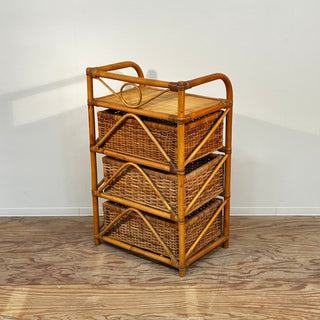 Vintage Rattan 3 Drawers Chest with Cutout Handles ヴィンテージ ラタン 3段 チェスト ランドリーチェスト