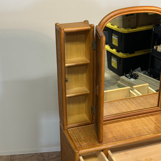 Vintage Rattan Vanity Desk with Trifold Vanity Mirrors 3 Way ラタン 三面鏡 化粧台