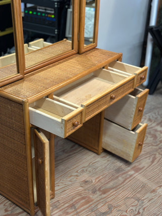 Vintage Rattan Vanity Desk with Trifold Vanity Mirrors 3 Way ラタン 三面鏡 化粧台