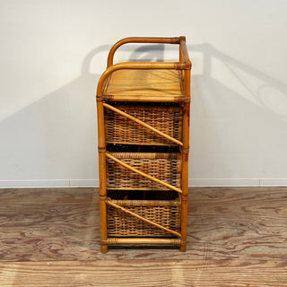 Vintage Rattan 3 Drawers Chest with Cutout Handles ヴィンテージ ラタン 3段 チェスト ランドリーチェスト
