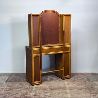 Vintage Rattan Vanity Desk with Trifold Vanity Mirrors 3 Way ラタン 三面鏡 化粧台