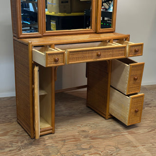 Vintage Rattan Vanity Desk with Trifold Vanity Mirrors 3 Way ラタン 三面鏡 化粧台