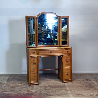 Vintage Rattan Vanity Desk with Trifold Vanity Mirrors 3 Way ラタン 三面鏡 化粧台
