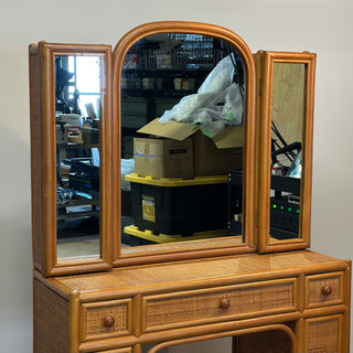 Vintage Rattan Vanity Desk with Trifold Vanity Mirrors 3 Way ラタン 三面鏡 化粧台