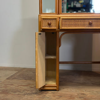 Vintage Rattan Vanity Desk with Trifold Vanity Mirrors 3 Way ラタン 三面鏡 化粧台