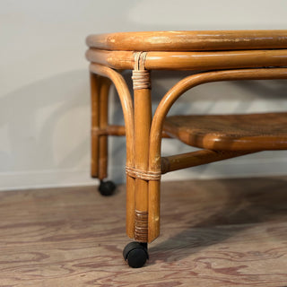 VINTAGE RATTAN AND GLASS TOP COFFEE TABLE - SMALL SIZE ヴィンテージ ラタン ガラストップ コーヒー テーブル スモールサイズ キャスター付