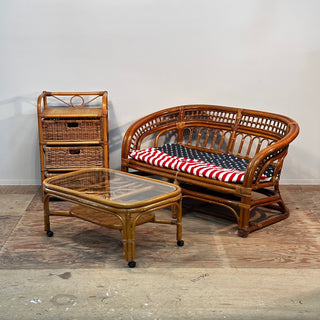 VINTAGE RATTAN AND GLASS TOP COFFEE TABLE - SMALL SIZE ヴィンテージ ラタン ガラストップ コーヒー テーブル スモールサイズ キャスター付