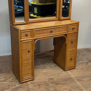 Vintage Rattan Vanity Desk with Trifold Vanity Mirrors 3 Way ラタン 三面鏡 化粧台