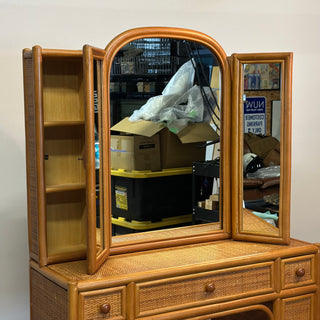 Vintage Rattan Vanity Desk with Trifold Vanity Mirrors 3 Way ラタン 三面鏡 化粧台
